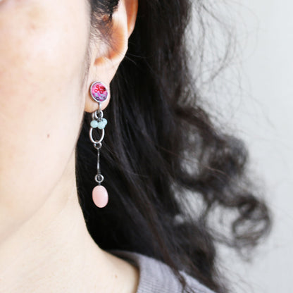 アシンメトリーイヤリング ピンク リボン 鳥 TAMARUSAN