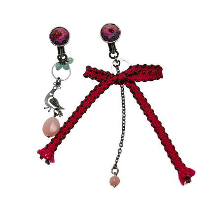 アシンメトリーイヤリング ピンク リボン 鳥 TAMARUSAN