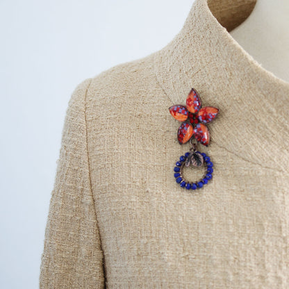 眼鏡ホルダーブローチ ラピスラズリ オレンジ 花 青 眼鏡ホルダーブローチ