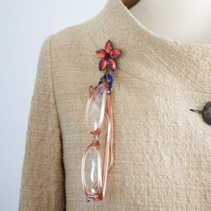 眼鏡ホルダーブローチ ラピスラズリ オレンジ 花 青 眼鏡ホルダーブローチ