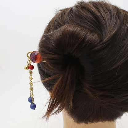 かんざし 二股 オレンジ 珊瑚 鈴つき TAMARUSAN