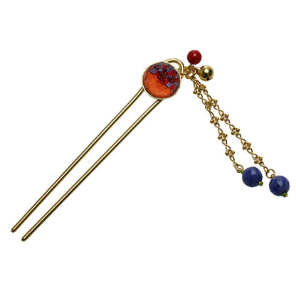 かんざし 二股 オレンジ 珊瑚 鈴つき TAMARUSAN