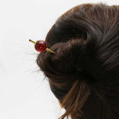 玉かんざし モダン ボタン風 赤 24金 一本挿しかんざし