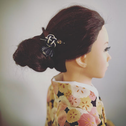 ミニかんざしバレッタ 紺 白 シルク キノコ TAMARUSAN