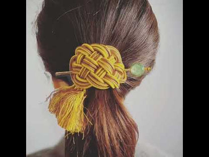 かんざしバレッタ 組紐 シルク 黄色 釉薬