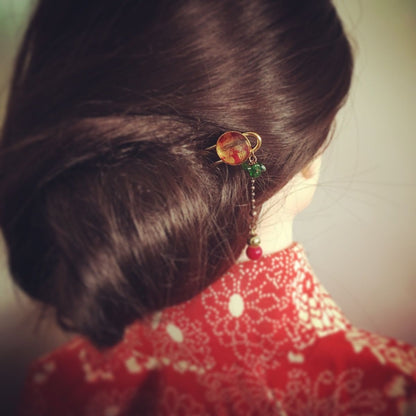 短め かんざし カニ 赤 鈴 24金 TAMARUSAN