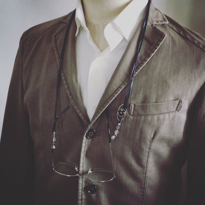 2連 眼鏡コード 黒革紐 男女兼用 軽量 水晶 黒 TAMARUSAN