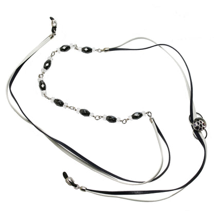 眼鏡チェーン 紺 白 革紐 磁気ヘマタイト 男女兼用 眼鏡ストラップ・チェーン