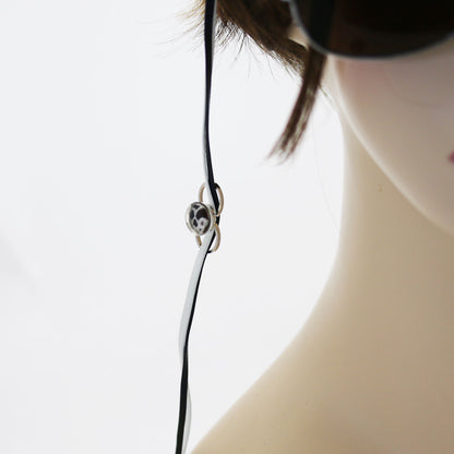 眼鏡チェーン 紺 白 革紐 磁気ヘマタイト 男女兼用 眼鏡ストラップ・チェーン