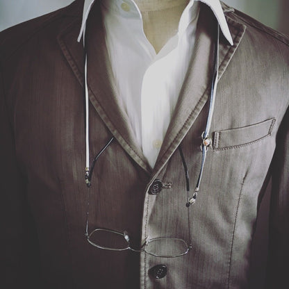 眼鏡チェーン 紺 白 革紐 磁気ヘマタイト 男女兼用 眼鏡ストラップ・チェーン