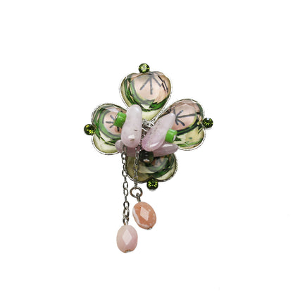 ブローチ 四つ葉 レモン ピンク 天然石 TAMARUSAN