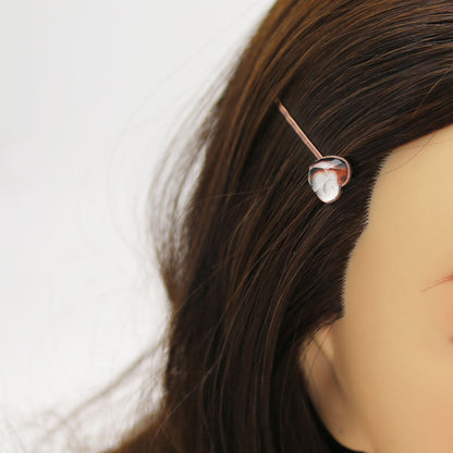 ハート 三毛猫柄ヘアピン 茶色 高級ヘアピン