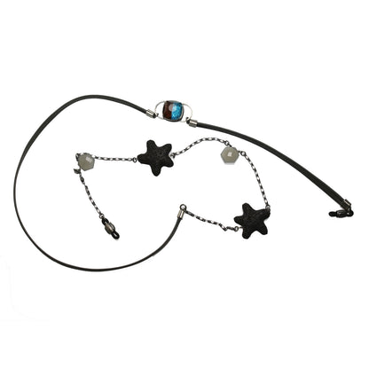 眼鏡チェーン 青 ラメ ムーンストーン 革ひも 男女兼用 TAMARUSAN