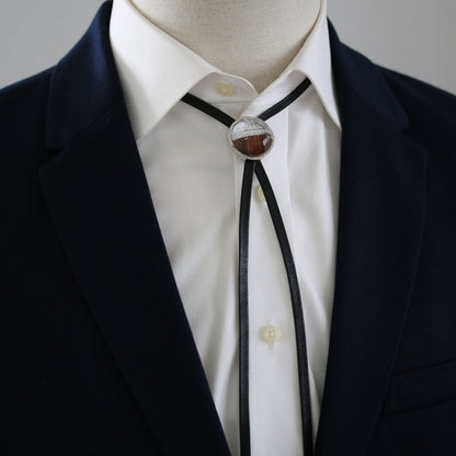 かっこいい 革紐ループタイ 銀ラメ 木目 平紐 TAMARUSAN