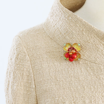 ブローチ 花 珊瑚 オレンジ クローバー TAMARUSAN