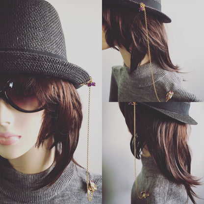 帽子留めクリップ チェーン アメジスト 金 梅 紫 帽子留め