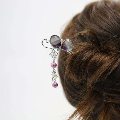 かんざし 蝶 パープル 淡水パール アクアマリン 一本挿しかんざし