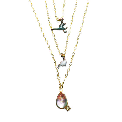 ３連ネックレス 七宝 恐竜 鳥 ペリドット 金 ピンク ネックレス