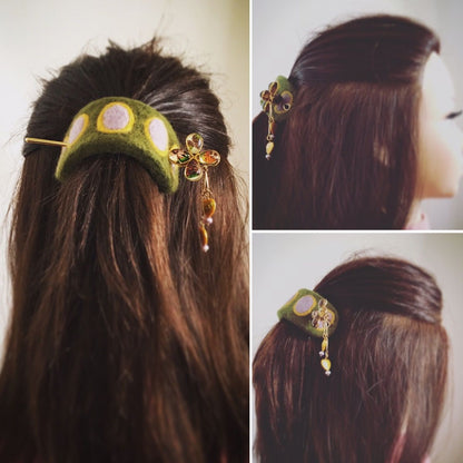 かんざしバレッタ マジェステ フェルト 緑 花 TAMARUSAN