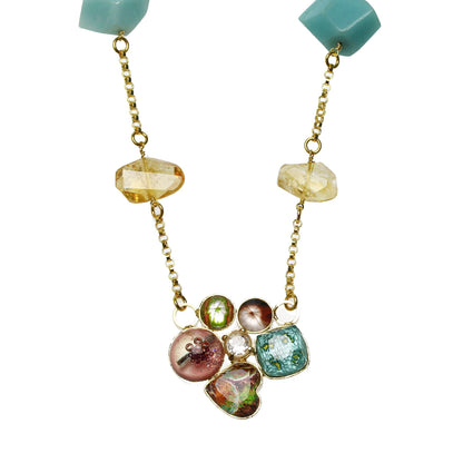 ネックレス 花 ロング 金 アマゾナイト シトリン 水晶 マルチカラー ネックレス