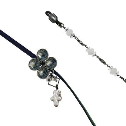 眼鏡チェーン 青 リボン 音符 水晶 TAMARUSAN