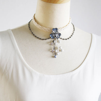 花 リボンチョーカー 音符 水晶 ブルー 白 TAMARUSAN