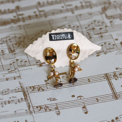 ピアス 黄色 音符 楽譜 スモーキークォーツ 淡水パール 金 TAMARUSAN
