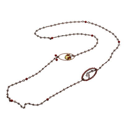 ロングネックレス 珊瑚 赤 鳥 七宝 アンティーク調 ネックレス