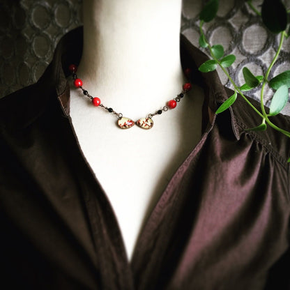 チョーカーネックレス 赤 珊瑚 オニキス 花 TAMARUSAN