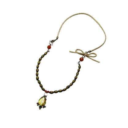 ネックレス 黄緑 珊瑚（染め） リボン アゲート カーネリアン TAMARUSAN