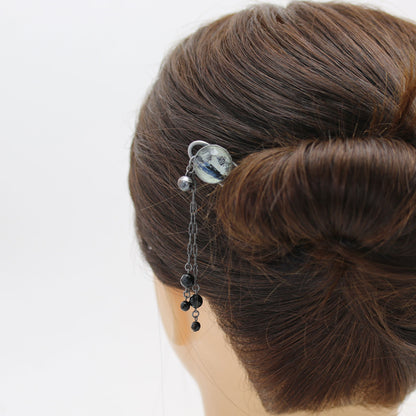 短め 二股かんざし ミニ バラ 黒 鈴 オニキス TAMARUSAN