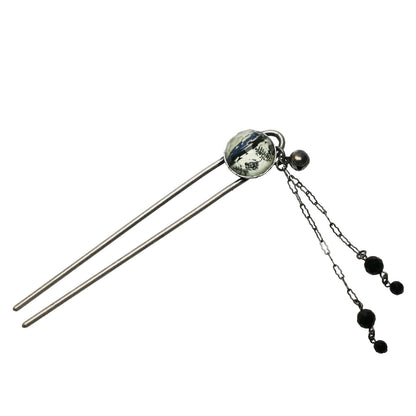 短め 二股かんざし ミニ バラ 黒 鈴 オニキス TAMARUSAN