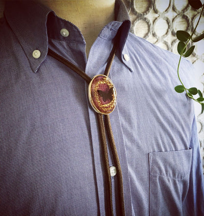 組紐ループタイ 蝶 臙脂 24k ゴールド 正絹 ループタイ