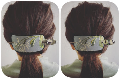 かんざしバレッタ 水色 ふくろう 布 ウール かんざしバレッタ