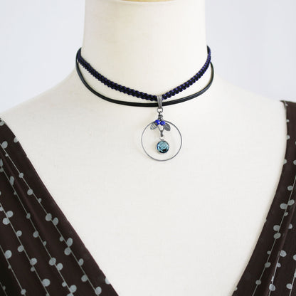 チョーカー リボン 革ひも 2連 トランプ ブルー チョーカー