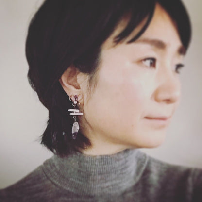 アシンメトリーイヤリング ピンク 花 アメジスト TAMARUSAN