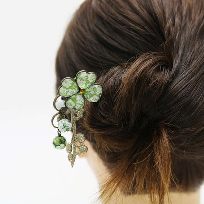 かんざし 四つ葉 梅 緑 レース 短め 一本挿しかんざし