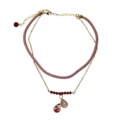 組紐チョーカー  正絹 ピンク 赤 ２連 珊瑚 TAMARUSAN