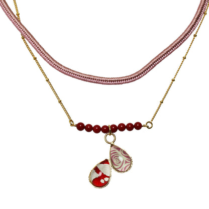 組紐チョーカー  正絹 ピンク 赤 ２連 珊瑚 TAMARUSAN