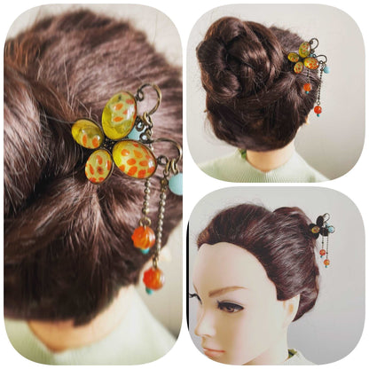 かんざし マルチカラー 菊 カーネリアン ターコイズ アマゾナイト 蝶 一本挿しかんざし