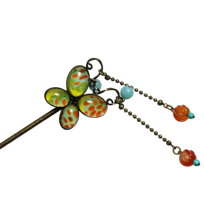 かんざし マルチカラー 菊 カーネリアン ターコイズ アマゾナイト 蝶 一本挿しかんざし