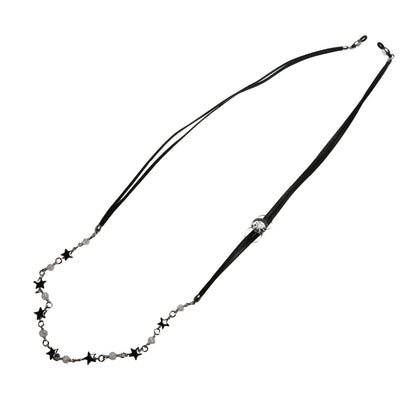 眼鏡チェーン 革紐 ヘマタイト 水晶 メンズ 黒 白 TAMARUSAN