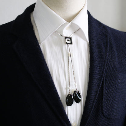 チェーンループタイ 白黒 チベット瑪瑙 オニキス TAMARUSAN