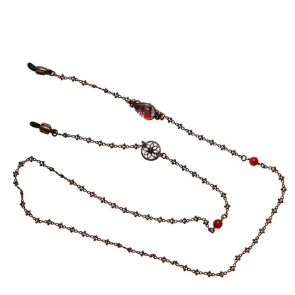 眼鏡チェーン 還暦 珊瑚 赤 花柄 アンティーク風 TAMARUSAN