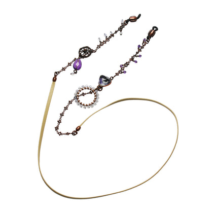 眼鏡チェーン 革紐 紫 アメジスト ハート TAMARUSAN