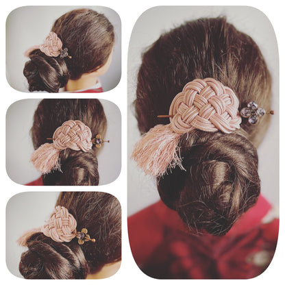 かんざしバレッタ 組紐 シルク ピンク ユリ TAMARUSAN