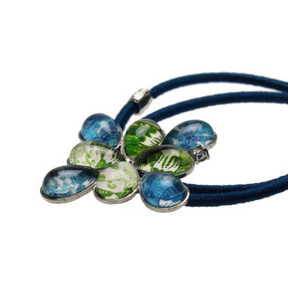 ２連 ヘアゴム 青 緑 ユリ柄 ブルートパーズ 大きめ TAMARUSAN