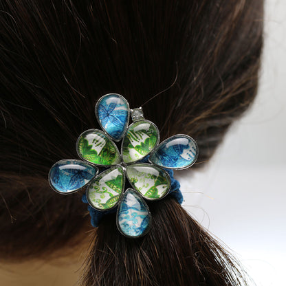 ２連 ヘアゴム 青 緑 ユリ柄 ブルートパーズ 大きめ TAMARUSAN