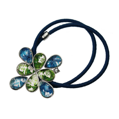 ２連 ヘアゴム 青 緑 ユリ柄 ブルートパーズ 大きめ TAMARUSAN