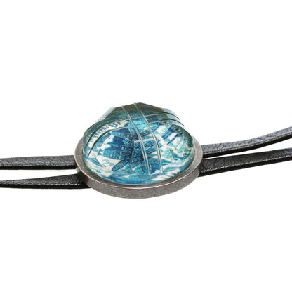 革紐ループタイ 丸 ユリ 青 ハンドメイド TAMARUSAN